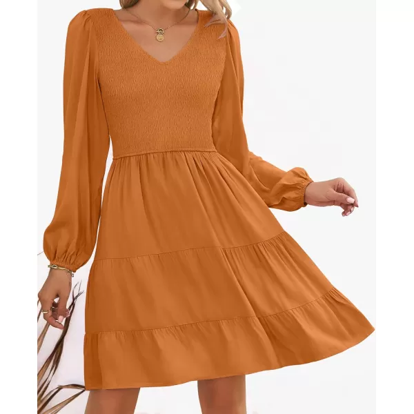 ZESICA Womens Casual V Neck Long Sleeve Smocked High Waist Ruffle A Line Tiered Mini DressCaramel