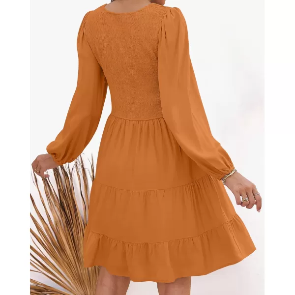 ZESICA Womens Casual V Neck Long Sleeve Smocked High Waist Ruffle A Line Tiered Mini DressCaramel