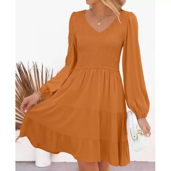 ZESICA Womens Casual V Neck Long Sleeve Smocked High Waist Ruffle A Line Tiered Mini DressCaramel