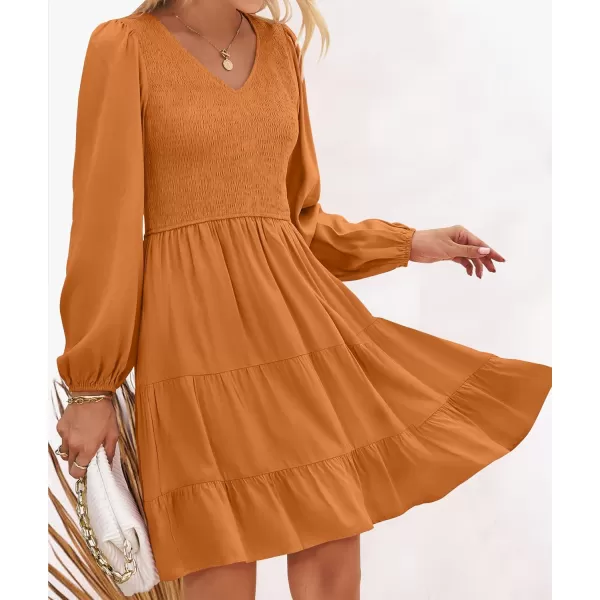 ZESICA Womens Casual V Neck Long Sleeve Smocked High Waist Ruffle A Line Tiered Mini DressCaramel