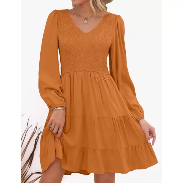 ZESICA Womens Casual V Neck Long Sleeve Smocked High Waist Ruffle A Line Tiered Mini DressCaramel