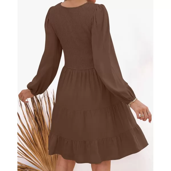 ZESICA Womens Casual V Neck Long Sleeve Smocked High Waist Ruffle A Line Tiered Mini DressCoffee