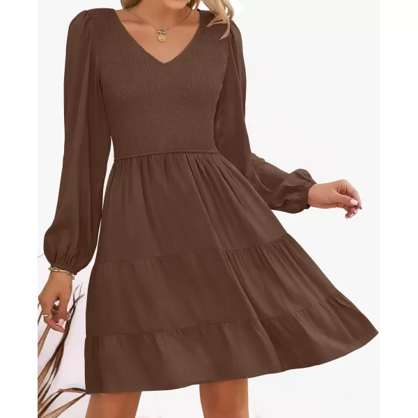 ZESICA Womens Casual V Neck Long Sleeve Smocked High Waist Ruffle A Line Tiered Mini DressCoffee