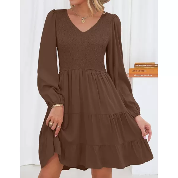 ZESICA Womens Casual V Neck Long Sleeve Smocked High Waist Ruffle A Line Tiered Mini DressCoffee