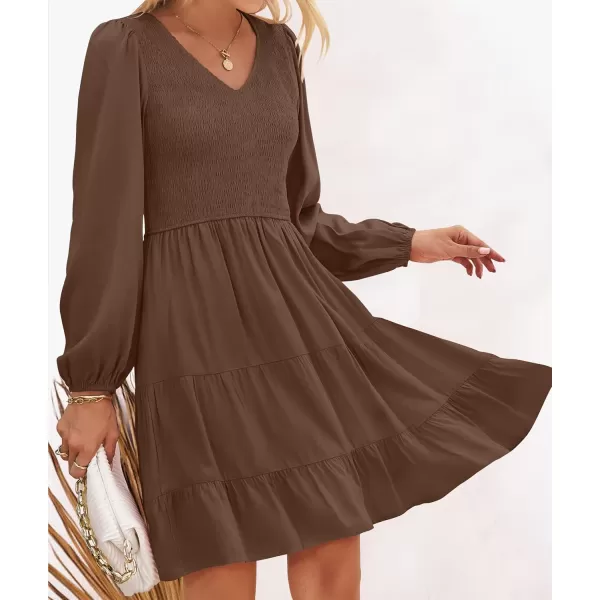 ZESICA Womens Casual V Neck Long Sleeve Smocked High Waist Ruffle A Line Tiered Mini DressCoffee