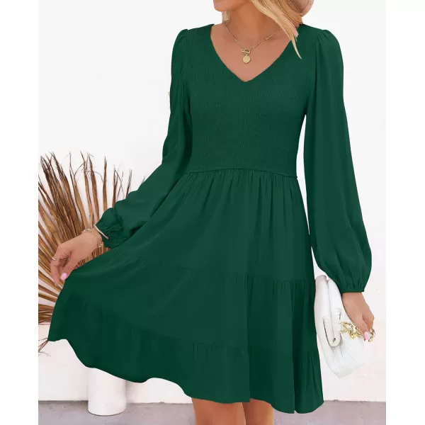 ZESICA Womens Casual V Neck Long Sleeve Smocked High Waist Ruffle A Line Tiered Mini DressDarkgreen