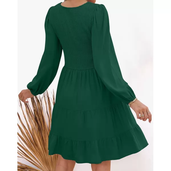 ZESICA Womens Casual V Neck Long Sleeve Smocked High Waist Ruffle A Line Tiered Mini DressDarkgreen