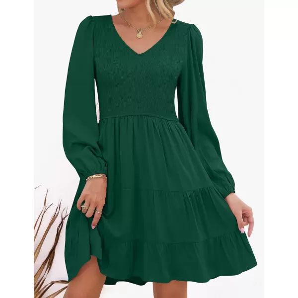 ZESICA Womens Casual V Neck Long Sleeve Smocked High Waist Ruffle A Line Tiered Mini DressDarkgreen