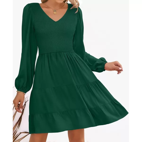 ZESICA Womens Casual V Neck Long Sleeve Smocked High Waist Ruffle A Line Tiered Mini DressDarkgreen