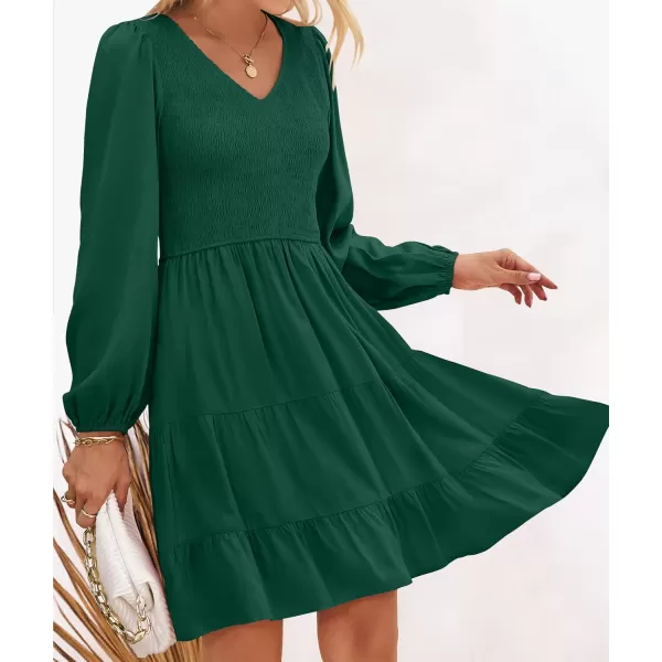 ZESICA Womens Casual V Neck Long Sleeve Smocked High Waist Ruffle A Line Tiered Mini DressDarkgreen