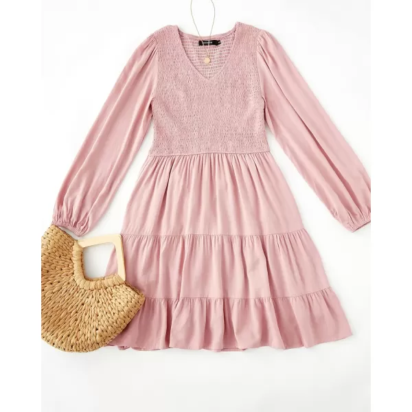 ZESICA Womens Casual V Neck Long Sleeve Smocked High Waist Ruffle A Line Tiered Mini DressDarkpink