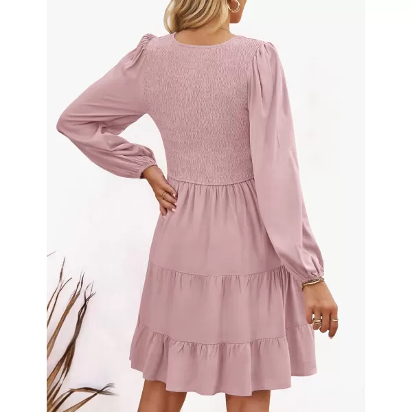 ZESICA Womens Casual V Neck Long Sleeve Smocked High Waist Ruffle A Line Tiered Mini DressDarkpink