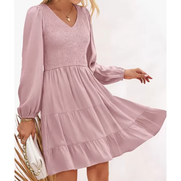 ZESICA Womens Casual V Neck Long Sleeve Smocked High Waist Ruffle A Line Tiered Mini DressDarkpink