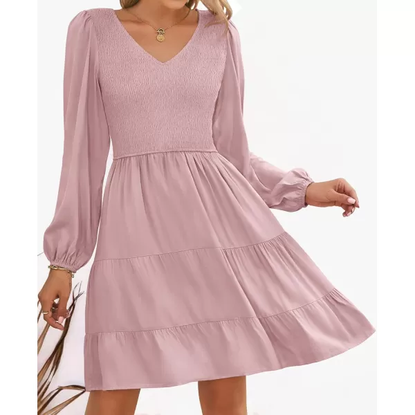 ZESICA Womens Casual V Neck Long Sleeve Smocked High Waist Ruffle A Line Tiered Mini DressDarkpink
