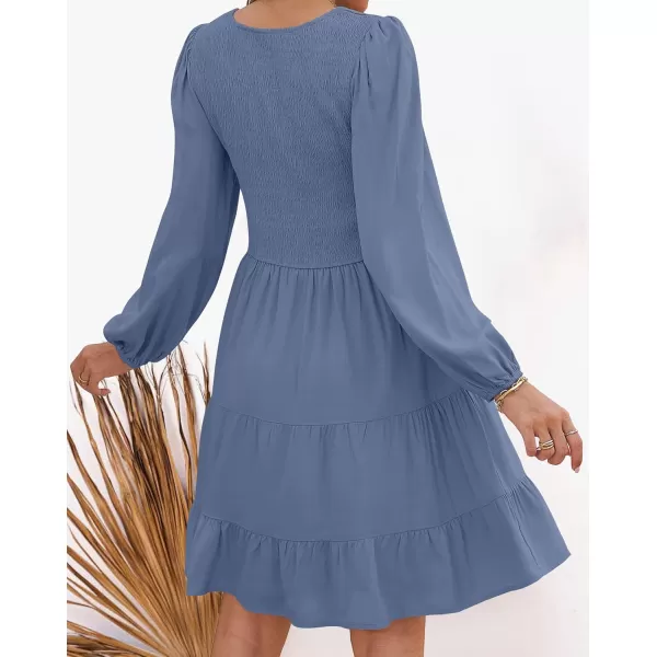 ZESICA Womens Casual V Neck Long Sleeve Smocked High Waist Ruffle A Line Tiered Mini DressDustyblue