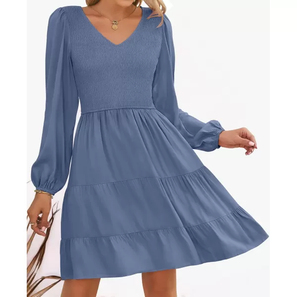 ZESICA Womens Casual V Neck Long Sleeve Smocked High Waist Ruffle A Line Tiered Mini DressDustyblue
