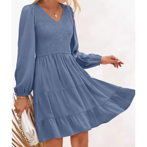ZESICA Womens Casual V Neck Long Sleeve Smocked High Waist Ruffle A Line Tiered Mini DressDustyblue