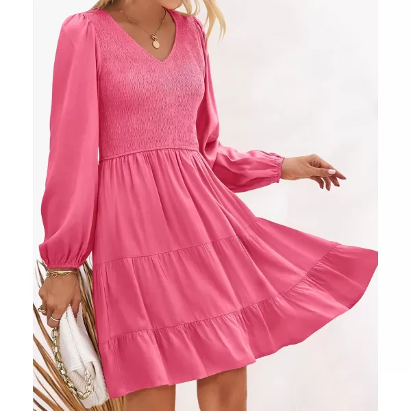 ZESICA Womens Casual V Neck Long Sleeve Smocked High Waist Ruffle A Line Tiered Mini DressHotpink