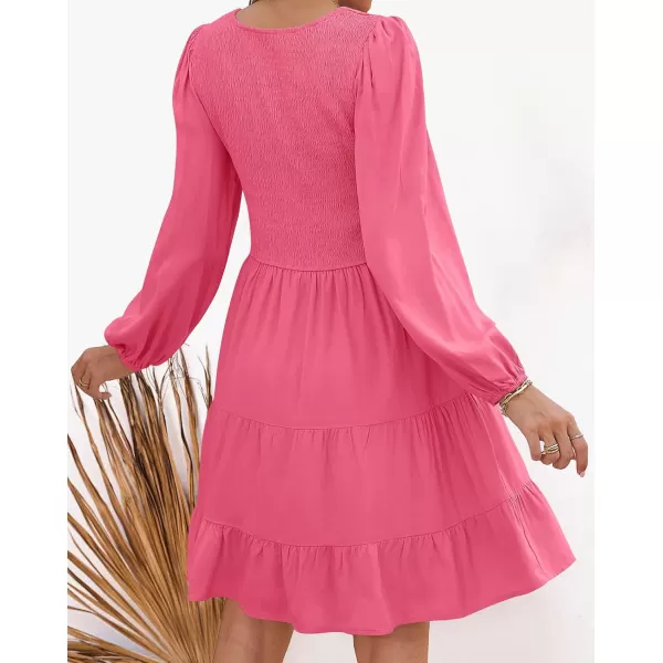 ZESICA Womens Casual V Neck Long Sleeve Smocked High Waist Ruffle A Line Tiered Mini DressHotpink