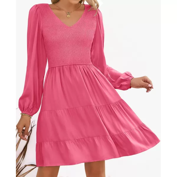 ZESICA Womens Casual V Neck Long Sleeve Smocked High Waist Ruffle A Line Tiered Mini DressHotpink