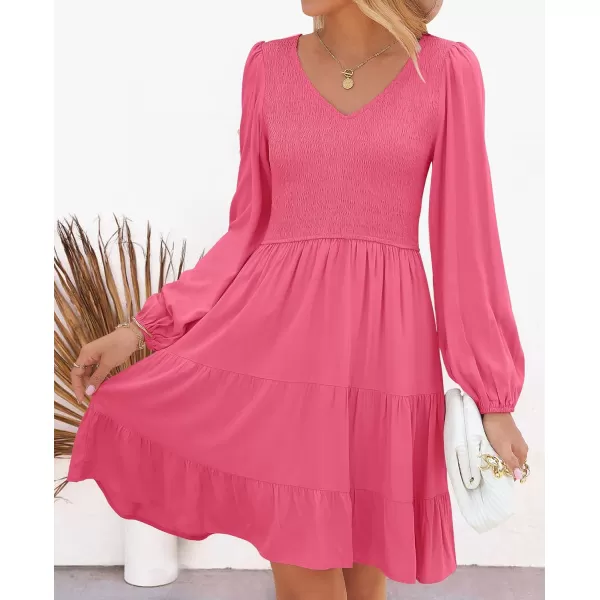 ZESICA Womens Casual V Neck Long Sleeve Smocked High Waist Ruffle A Line Tiered Mini DressHotpink