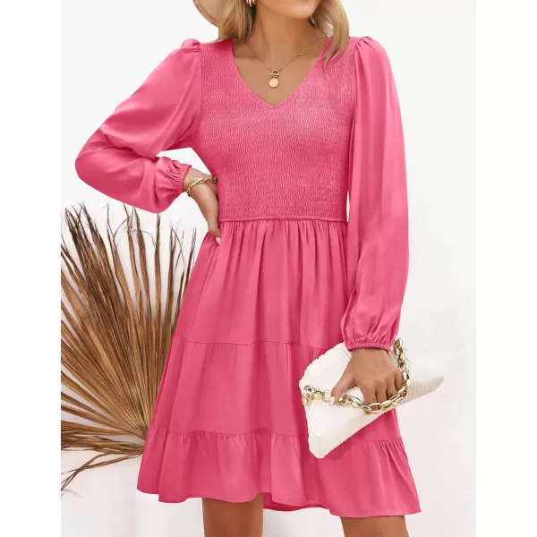 ZESICA Womens Casual V Neck Long Sleeve Smocked High Waist Ruffle A Line Tiered Mini DressHotpink