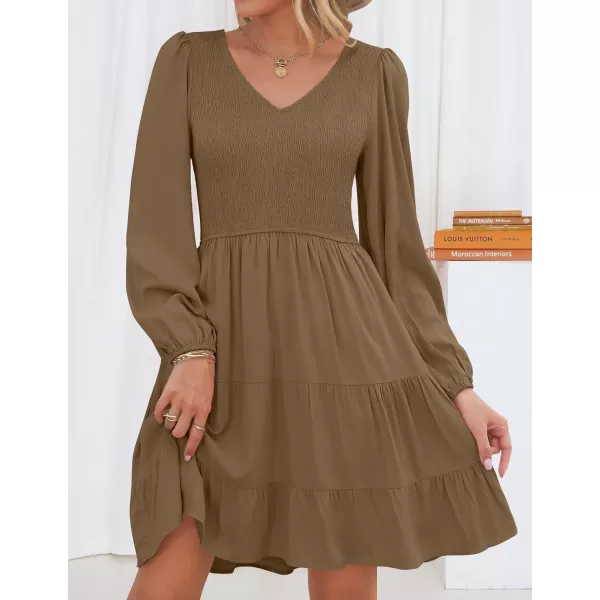 ZESICA Womens Casual V Neck Long Sleeve Smocked High Waist Ruffle A Line Tiered Mini DressMocha