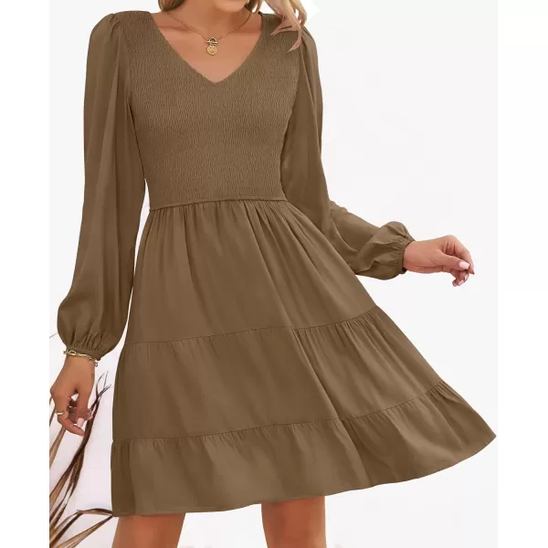 ZESICA Womens Casual V Neck Long Sleeve Smocked High Waist Ruffle A Line Tiered Mini DressMocha