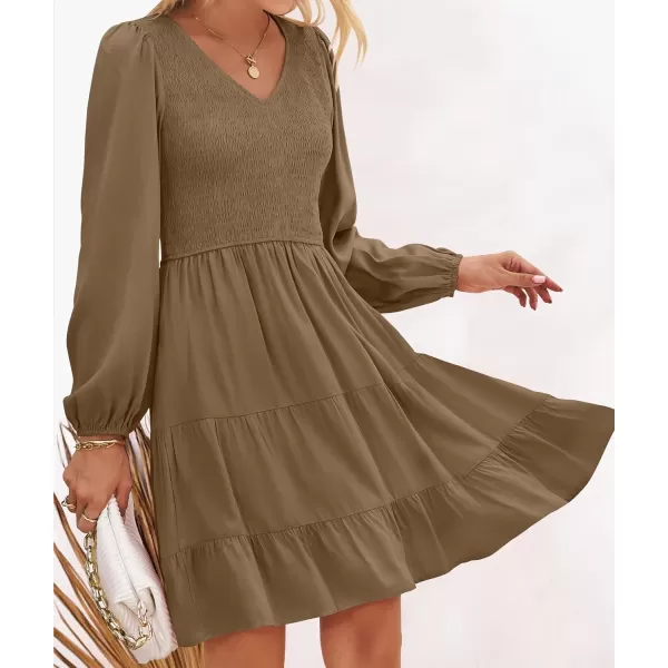 ZESICA Womens Casual V Neck Long Sleeve Smocked High Waist Ruffle A Line Tiered Mini DressMocha