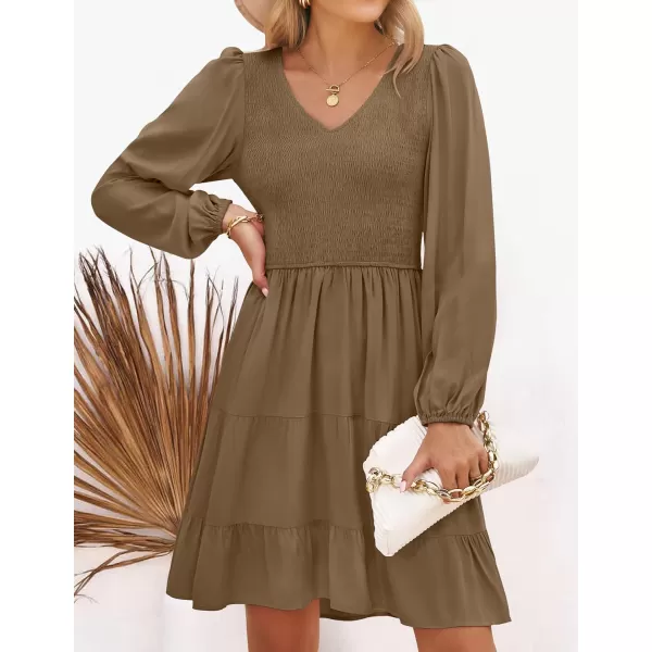 ZESICA Womens Casual V Neck Long Sleeve Smocked High Waist Ruffle A Line Tiered Mini DressMocha