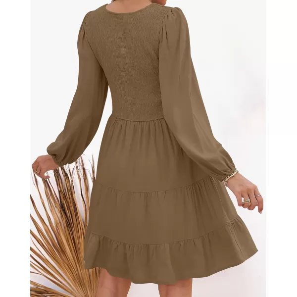 ZESICA Womens Casual V Neck Long Sleeve Smocked High Waist Ruffle A Line Tiered Mini DressMocha