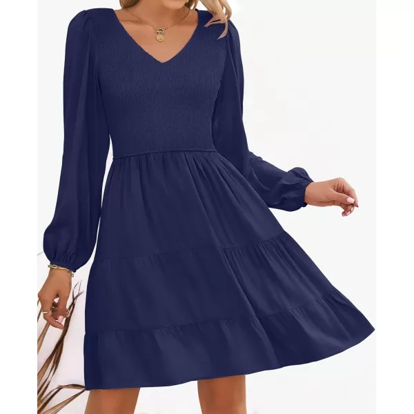 ZESICA Womens Casual V Neck Long Sleeve Smocked High Waist Ruffle A Line Tiered Mini DressNavy