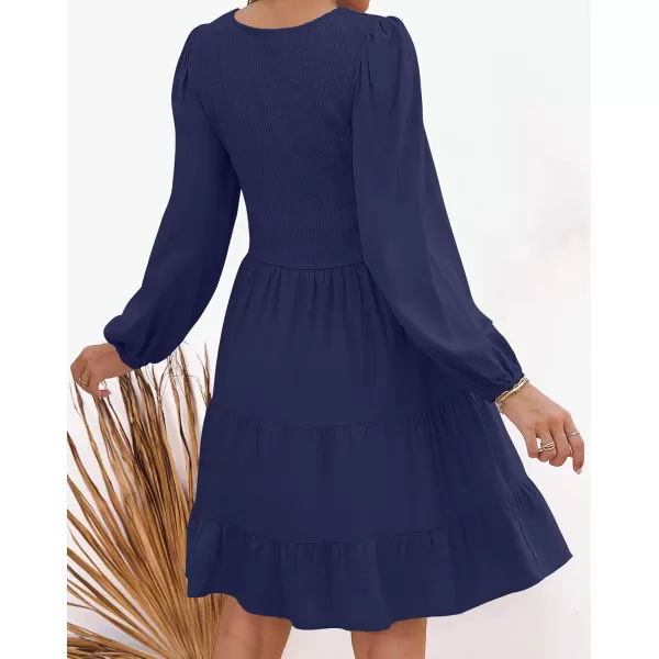 ZESICA Womens Casual V Neck Long Sleeve Smocked High Waist Ruffle A Line Tiered Mini DressNavy