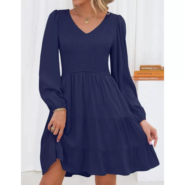 ZESICA Womens Casual V Neck Long Sleeve Smocked High Waist Ruffle A Line Tiered Mini DressNavy