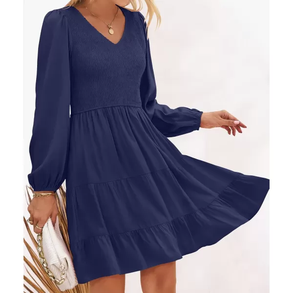 ZESICA Womens Casual V Neck Long Sleeve Smocked High Waist Ruffle A Line Tiered Mini DressNavy