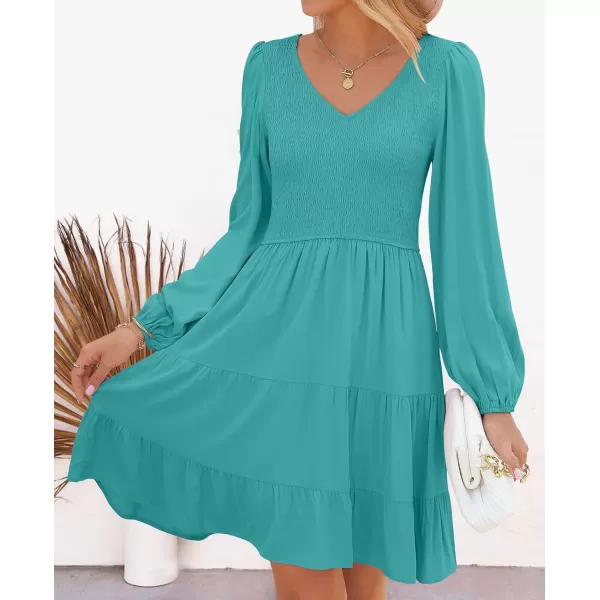 ZESICA Womens Casual V Neck Long Sleeve Smocked High Waist Ruffle A Line Tiered Mini DressPeacock
