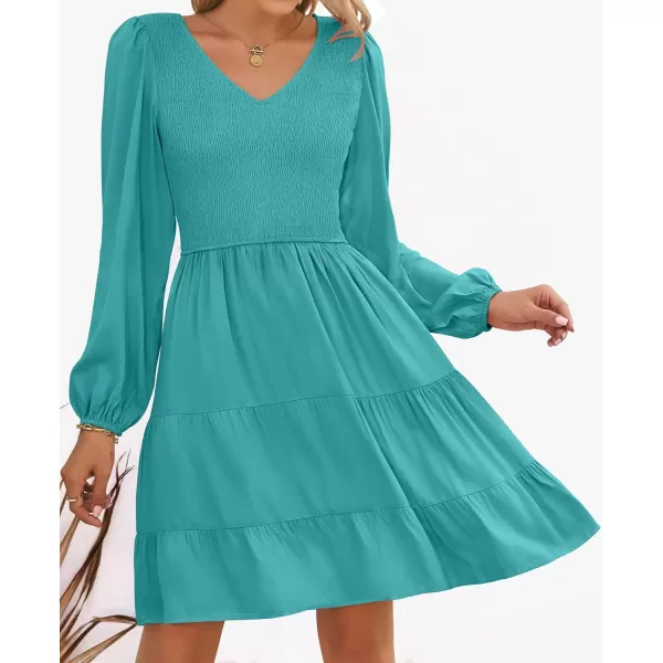 ZESICA Womens Casual V Neck Long Sleeve Smocked High Waist Ruffle A Line Tiered Mini DressPeacock