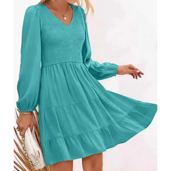 ZESICA Womens Casual V Neck Long Sleeve Smocked High Waist Ruffle A Line Tiered Mini DressPeacock