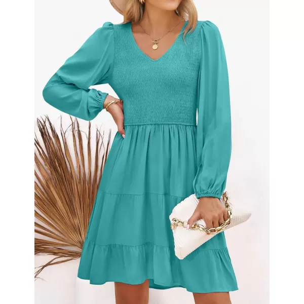 ZESICA Womens Casual V Neck Long Sleeve Smocked High Waist Ruffle A Line Tiered Mini DressPeacock
