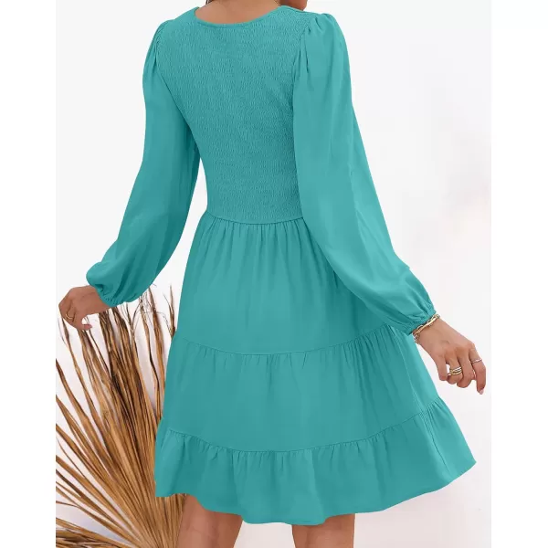 ZESICA Womens Casual V Neck Long Sleeve Smocked High Waist Ruffle A Line Tiered Mini DressPeacock
