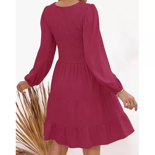 ZESICA Womens Casual V Neck Long Sleeve Smocked High Waist Ruffle A Line Tiered Mini DressPlum