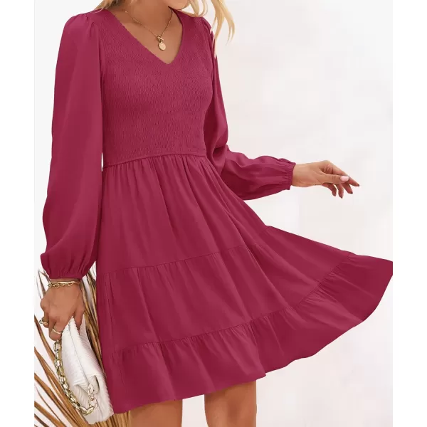 ZESICA Womens Casual V Neck Long Sleeve Smocked High Waist Ruffle A Line Tiered Mini DressPlum