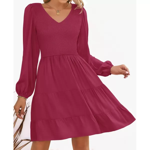 ZESICA Womens Casual V Neck Long Sleeve Smocked High Waist Ruffle A Line Tiered Mini DressPlum