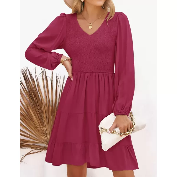 ZESICA Womens Casual V Neck Long Sleeve Smocked High Waist Ruffle A Line Tiered Mini DressPlum