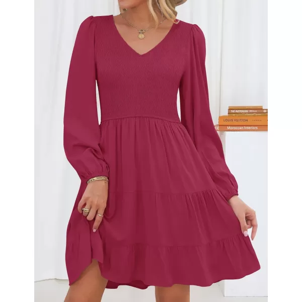ZESICA Womens Casual V Neck Long Sleeve Smocked High Waist Ruffle A Line Tiered Mini DressPlum