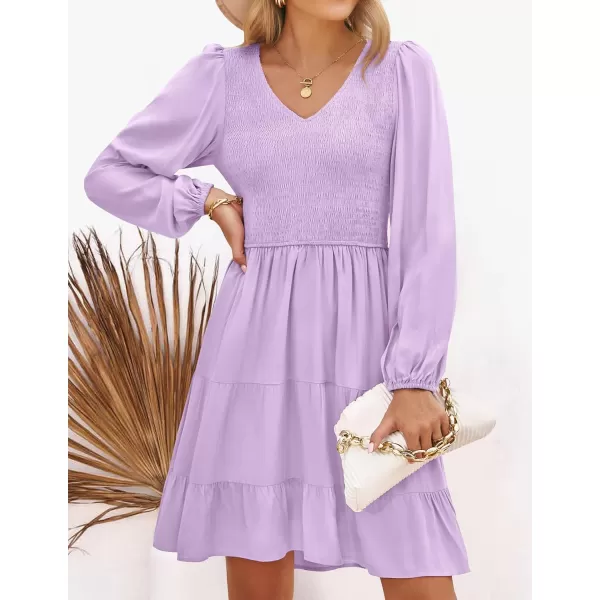 ZESICA Womens Casual V Neck Long Sleeve Smocked High Waist Ruffle A Line Tiered Mini DressPurple