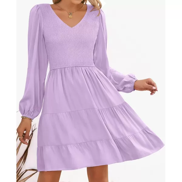 ZESICA Womens Casual V Neck Long Sleeve Smocked High Waist Ruffle A Line Tiered Mini DressPurple