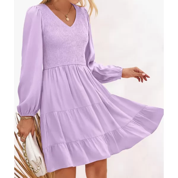 ZESICA Womens Casual V Neck Long Sleeve Smocked High Waist Ruffle A Line Tiered Mini DressPurple