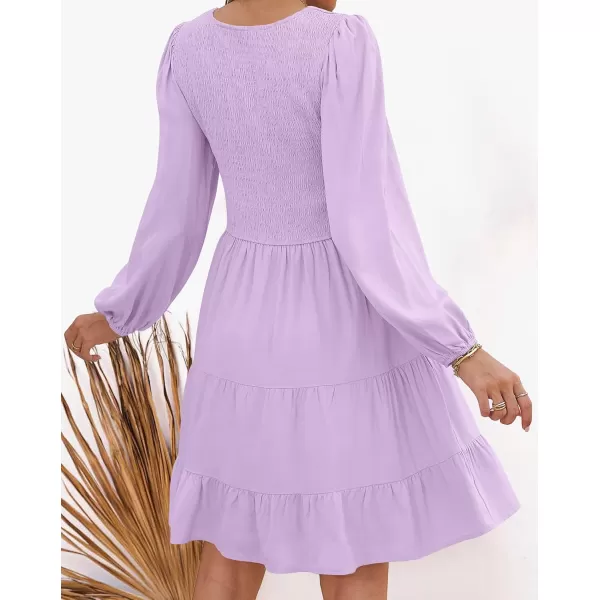ZESICA Womens Casual V Neck Long Sleeve Smocked High Waist Ruffle A Line Tiered Mini DressPurple