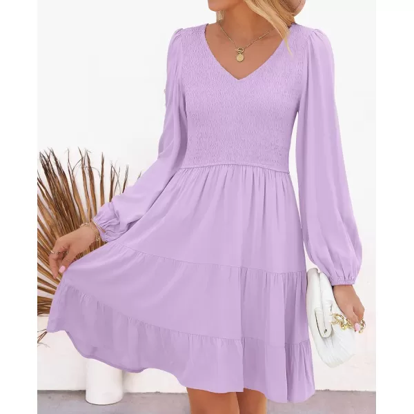 ZESICA Womens Casual V Neck Long Sleeve Smocked High Waist Ruffle A Line Tiered Mini DressPurple